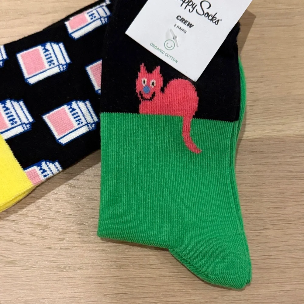 NWT Happy Socks Kids Crew Socks - two pairs - cat and milk size 7-9